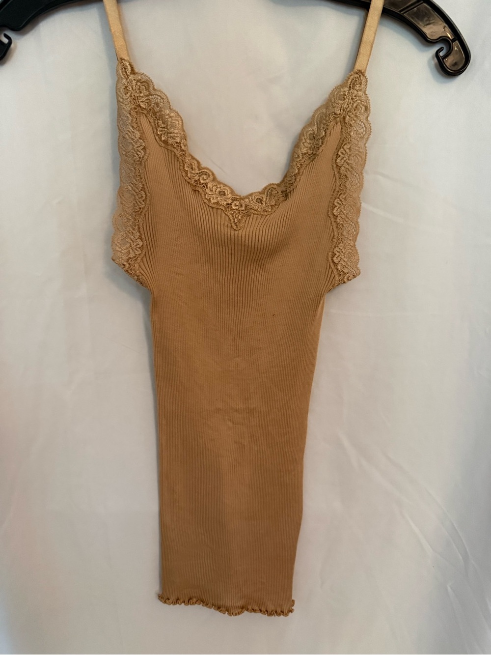 Aqua Ribbed Lace-Trim Cami in Tan